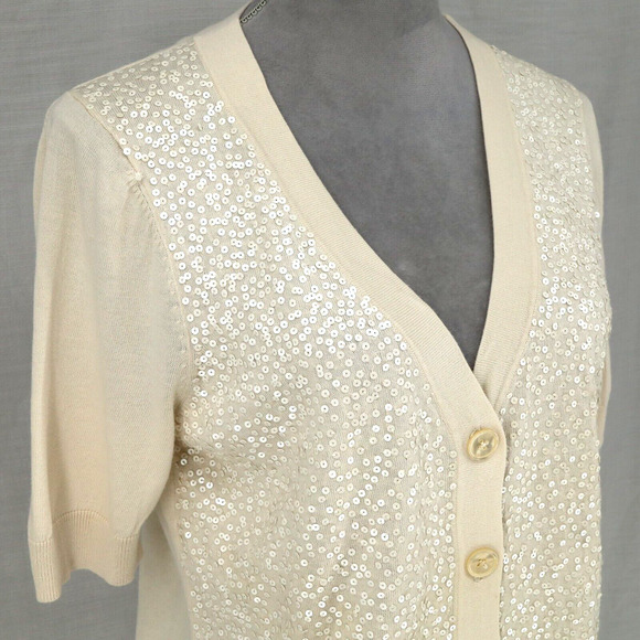 Talbots Sweater Petites MP PM Ivory Cardigan Sequins Buttons V neck Neutral - Picture 6 of 12